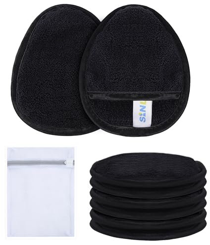 SINLAND Reusable Makeup Remover Pads For Face,Eye,Lips Microfiber Gentle Facial Cleansing Cloths for All Skin Types Friendly for Makeup Remover With Laundry Bag Black Pack of 6