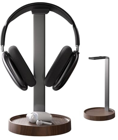 muso wood Walnut Headphone Stand, Universal Headset Stand with Storage Base, Wood Desktop Headphone Holder for Gaming Headset and Music Headset