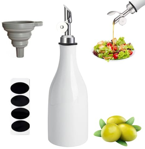 Yallmie Olive Oil Dispenser Ceramic, Cooking Oil Bottle Dispenser with Spout 300Ml Bottle Drizzler with Funnel and Labels Drizzler Bottles for Cooking Kitchen Baking