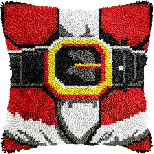 Santa Claus Belt Christmas Latch Hook Kits for Adults Kids, Beginners DIY Latch Hook Pillow Kit Pre-Printed Latch Hook Rug Kits Cross-stitch Embroidery Cushion for Home Sofa Decoration 17x17 in.