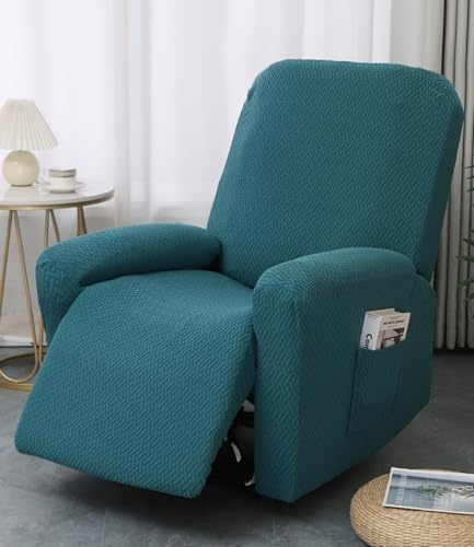Hearda 1 Seater Jacquard Recliner Chair Cover, Recliner Slipcover for Electric Chair with Pockets, 4 Pieces Stretch Recliner Sofa Covers, Non-Slip Armchair Covers, Sofa Slipcovers Protector-Teal