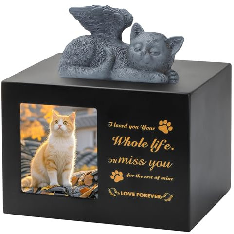 DiDiBirDi Urnas para gatos, caja de cremación para mascotas, urna de madera para cenizas de gato negro, viene con una estatua de ángel de gato de resina y una bolsa de terciopelo para guardar las