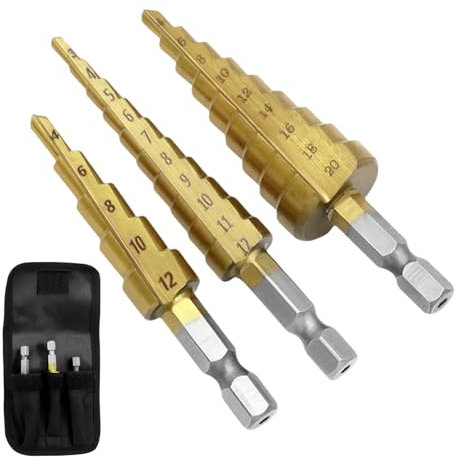 HSS Step Drill Bits Set, 3 Pcs 3-20mm Titanium Coated Cone Drill Bits Hole Cutter High Speed Steel Tools Accessories for DIY Drilling on Hard Metal, Stainless Steel, Cast Iron, Aluminum Copper, Wood