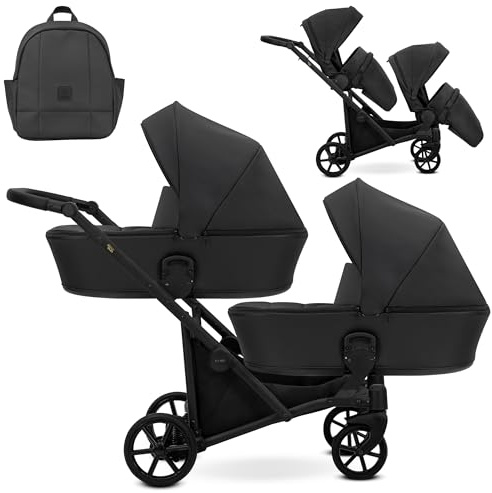 Kunert BRAV DUO 2-i-1 tvillingbarnvagn + tillbehör: komfort, säkerhet, bekvämlighet, snygg och funktionell design, mångsidigt system, aluminiumram (svart konstläder/svart ram)