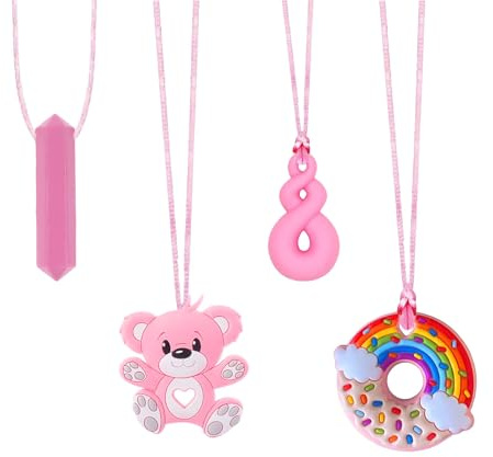 4 Stück Kaukette für Kinder, Sensory Kauen Halskette Beißen Autismus, 4 Silikon-Spielzeug Autismus Kauen Spielzeug für autistische Kinder(rosa)