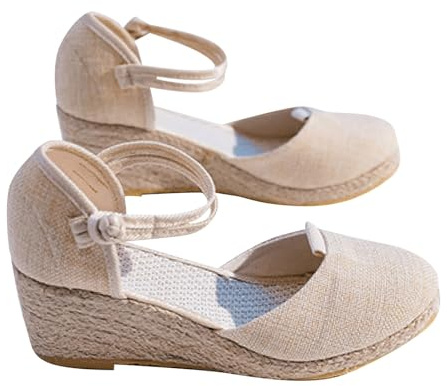 Sandales compensées pour femme avec plateforme fermée, espadrilles d'été, fermeture à boucle, confortables et antidérapantes, en jute, beige, 35 EU