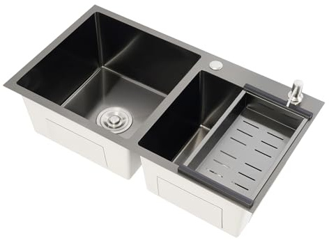 OUKANING handfat dubbel diskbänk kök rostfritt stål 304, 2 handfat med tvåldispenser och droppkorg, ytmonterad/infälld montering, nanodiskbänk set inkl. dräneringsrör och tätningar