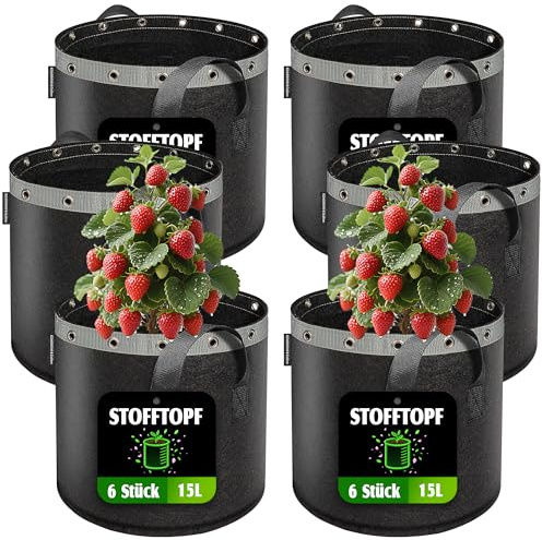 EZ4GROW 6 bolsas para plantas de 15 l – Maceta de tela de 15 litros para un crecimiento saludable de las plantas, bolsas de jardín duraderas y reutilizables para el cultivo de verduras, frutas y