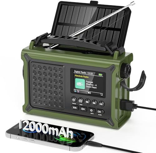 Radio Portatile DAB/DAB+/FM con Display a Colori da 2,4, Radio Manovella con Pannello Solare da 8500 mm², Batteria Ricaricabile, Uscita Cuffie, 80 Stazioni Preimpostate, per Ourdoor, Emergenza