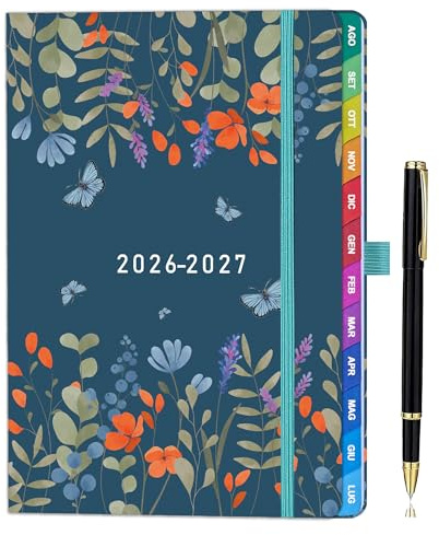 Agenda Scolastica 2026–2027 (Agosto 2026 – Luglio 2027) – Agenda Settimanale Verticale con Penna, Segnalibro e Tasca Interna, Linguette Mensili, Formato 22,5 × 16,5 cm – Orchidea