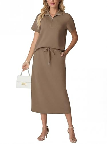GRECERELLE Tuta da donna, set completo estivo da donna, a due pezzi, a maniche corte, con mezza cerniera, casual, pullover top e gonna midi elastica in vita con tasche, cachi, L