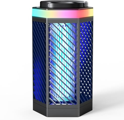 Regevo Lámpara Antimosquitos Eléctrica Recargable 8000mAh, Matamoscas Electrico 3 en 1 con Luz LED y RGB, 2000V Destructor de Insectos Exterior e Interior, Impermeable IPX4 para Camping, Jardín, Casa