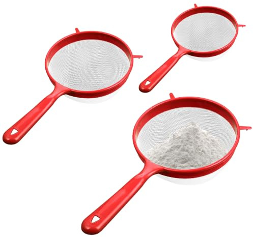 Setaccio da Cucina, 3 Misure (3/4/5 Dia.) Setacci a Maglia Fine per Cottura, Colino con Manico in Plastica per Farina Lavaggio Alimenti Drenante Pasta Spaghetti Riso Verdura, Rosso