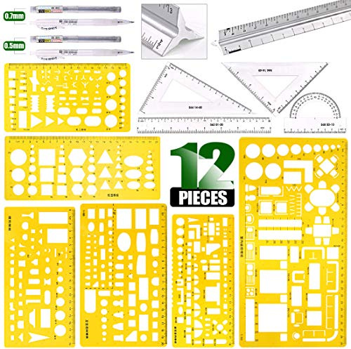Keadic 12Pcs Geometric Drawings Templates, Geometry Ruler Plastic, Clear Shape Template Yellow Architect Scale Measuring Ruler Drafting Stencils Measuring Tools for Designing and Building