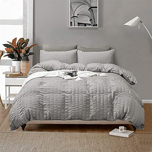 SeventhStitch Seersucker Duvet Cover with Pillow Cases 100% Cotton Waffle Quilt Covers Pink Charcoal Silver Grey White Bedding Sets Double Super King Bed Set (Silver, Double)