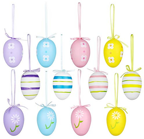 12Pcs Easter Eggs Decorations Hanging Ornaments Colorful Plastic Eggs Easter Tree Decor Kids School Home Office Egg Hunt Basket Stuffers Party Supplies