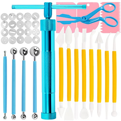 Swpeet 36 pistole per estrusore di argilla blu, per pasta di zucchero, pasta di zucchero, strumento per scultura di torte, penna a sfera con raschietto in plastica, strumento per modellare torte