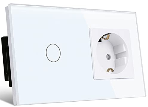 TAWOIA Schalter mit Steckdosenkombination,EU 1 Fach 1 Weg Kristallglas Berührungsschalter,Typ F Stecker,Schuko,16 A Steckdose,157 * 86 mm,Weiß