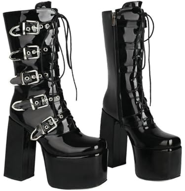 Cremallera Botas de Plataforma para Mujeres Pantorrilla de Cuero Gótico Botas Hebilla Correa Moto Combate Botas,Black Patent Leather,48 EU