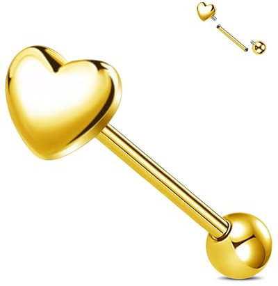 Jewseen Titan Zungenpiercing Herz Tongue Bars Intern Gewinde Gold Tongue Bar 14G Tongue Piercing Barbell für Frauen