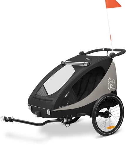 hauck Fahrradanhänger & Kinderwagen Dryk Duo Plus mit Federung, für 2 Kinder (6-48 Monate), inkl. Deichsel, Buggyrad, Fahne und LED Licht, Faltbar, Höhenverstellbar, XL Kofferaum (Black)