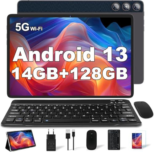 DMOAO Android 13 Tablet 10 Pollici con 14GB RAM+128GB ROM(1TB Espanso), Octa-Core, WiFi 5G, Fotocamera 8MP+5MP, 8000mAh, Tablet con Tastiera e Mouse, BT5.0/GPS/OTG, Marrone