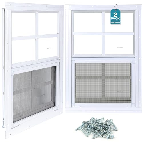 Melkus 2 Pack Shed Windows, 18x23 Flush Mount Household Windows with Thicker Tempered Glass and Fiberglass Screen, Sliding Windows for Chicken Coop, Shed, Garage, Playhouse, Barn,Greenhouse, White