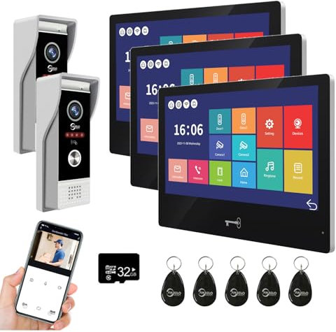 Sistema citofonico cablato dell'appartamento del videocitofono, monitor di tocco di WiFi 10 pollici con la macchina fotografica del campanello 1080P, sblocco della carta di ID (2 campanello+3 monitor)