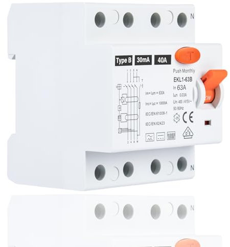 FI Schutzschalter Typ B 40A 30mA 4-Polig, Fehlerstromschutzschalter Allstromintensiv, RCD Schalter für Wallboxen, Ladestationen & Sicherungsautomaten, DIN Hutschiene Montage VDE Zertifikate