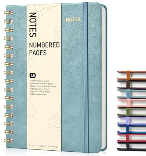 Lined Spiral Journal Notebook, A5 Hardcover Spiral Journals for Women Men, 150 Numbered Pages Spiral Bound Notebook, 100 GSM College Ruled Notebooks for Writing Note Taking 5.75 x 8.38, Misty Blue