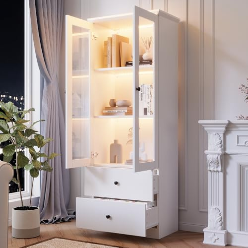 Moderna vitrina LED blanca mate, alta con conector USB, mando a distancia de 16 colores, vitrina de cristal con 2 cajones, vitrina vertical con estantes ajustables, vitrina con puertas batientes, sala
