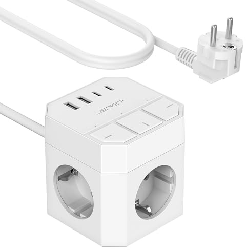 JSVER Cubo Enchufe con 3 Tomas y 4 Puertos de USB, 7 en 1 Cubo Regleta con Interruptor Individual Enchufe Alargador Multiple con 2 USB A& 2 USB C,Cable 2m-Blanco