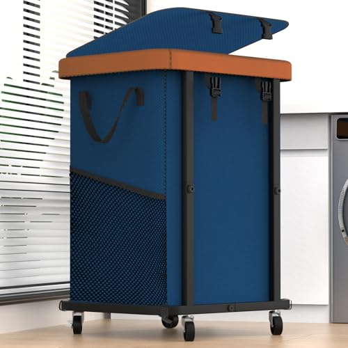 150L Large Fashion Laundry Basket with Wheels, Leather Patchwork Rolling Hamper Carts, Sturdy Metal Frame, Removable Washable Bag, Tall Clothes Sorter for Bedroom, Laundry Room, Dorm - Navy Blue