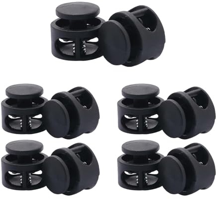 ShiningUU Plastic Cord Locks 10Pcs Double Hole Black Shoe Lace Locks, Elastic Drawstring Stopper Fastener, Spring Cord Locks for Sneakers, Apparel, Bags, Drawstrings, Paracord, Sweatpants, Hats