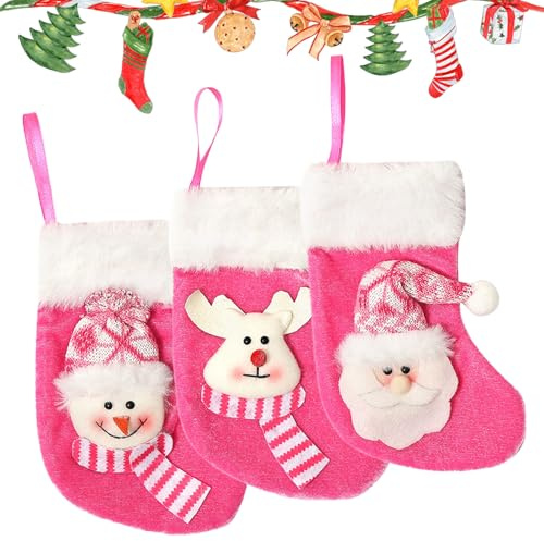 BSITSSS 3 PCS Mini Calze Natalizie da Appendere, 17x9cm Piccoli Calze di Natale, Rosa Personalizzate Calza Befana Vuota, Candy Sacchetti Regalo per Albero di Natale Decorazione
