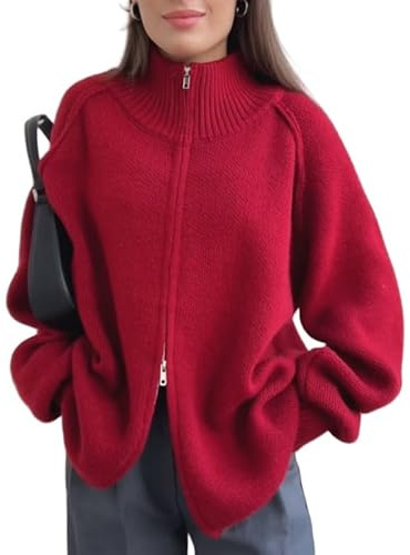 LIUYUYOUGO Chaqueta Punto Mujer Cárdigan con Cremallera Frontal para Mujer Otoño Exterior Cuello Alto Doble Cremallera Suéter De Punto Holgado Abrigo De Punto Grueso Suéter De Punto De Invierno
