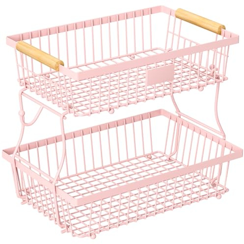 Astrorhine 2 Tier Fruit Basket for Kitchen Counter with 2 Banana Hangers, Countertop Metal Fruit Bowl with Wooden Handle, Large Storage Stand for Vegetables, Snacks, Breads, Produce Storage – Pink
