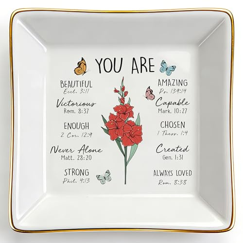 Titanape Piatto portagioie in ceramica con dedica della Bibbia, regalo cristiano da donna, per la festa della mamma, compleanno, Natale, battesimo, gladiolo