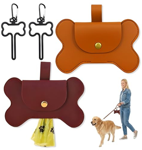 VEOIRXU 2 Pièces Distributeur Sac a Crottes Chien Sac Crottes Chien en Forme d'Os Avec 2 Support Sac à Crottes Pour Chien Sac à Crottes Chien en Cuir Porte Sac à Caca Pour Chien (Brun)