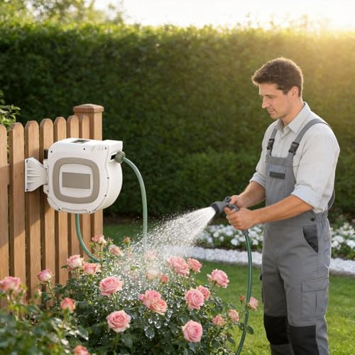 UISEBRT Carrete de manguera de agua 28 + 2 m con soporte giratorio de 180° y 10 modos de pulverización, enrollador de manguera para montaje en pared, caja de manguera con enrollado automático para