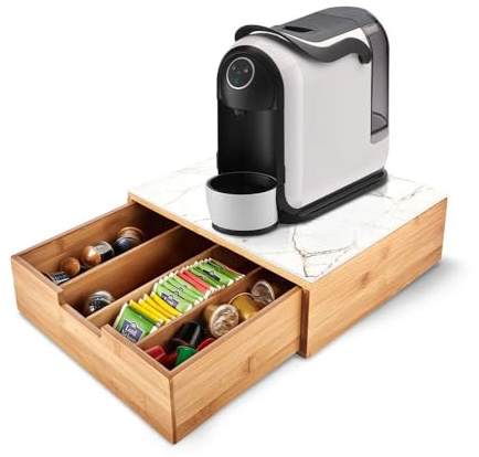 Soporte para cápsulas y monodosis de café de bambú con cristal templado, organizador con cajón y 4 compartimentos, recipiente ahorrador de espacio para café, té y accesorios de cocina (cristal