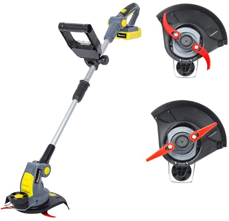 FANZTOOL Akku Rasentrimmer 20V, inkl. 2Ah Akku, Ladegerät, Gerade Messer für Glatt- und Feinschnitt Und gekrümmte Messer mit Zähnen für Grobschnitt
