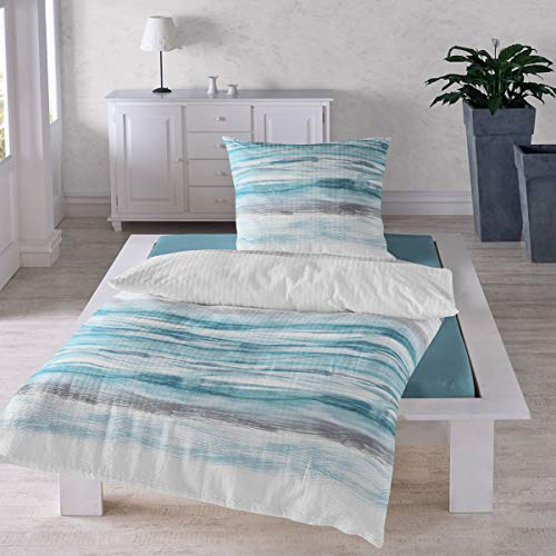 Traumschlaf Seersucker Bettwäsche Set •Bügelfrei• Erfrischendes Wellendesign luftig leichte Bettwäsche Sommer in türkis grau mit Reißverschluss 135x200 cm + 80x80 cm