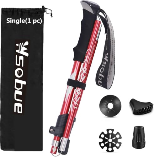 Bâton de Marche Pliable, Bâton de Randonnée Téléscopique en Aluminium Ultra Léger Bâton de Ski pour Hommes Femmes (Rouge 1 Bâton)