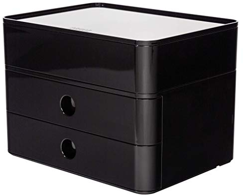 HAN Schubladenbox Allison SMART-BOX plus mit 2 Schubladen, Trennwand sowie Utensilienbox, inkl. Kabelführung, stapelbar, Büro, Schreibtisch möbelschonende Gummifüße, 1100-13, hochglänzend schwarz