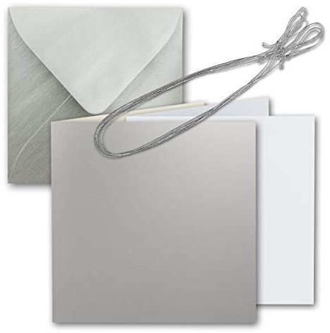 GUSTAV NEUSER Juego de 10 tarjetas plegables cuadradas de 15 x 15 cm, con sobres, hojas de inserción y cinta para joyas, plata metálica, para tarjetas de invitación plateadas, boda y Navidad