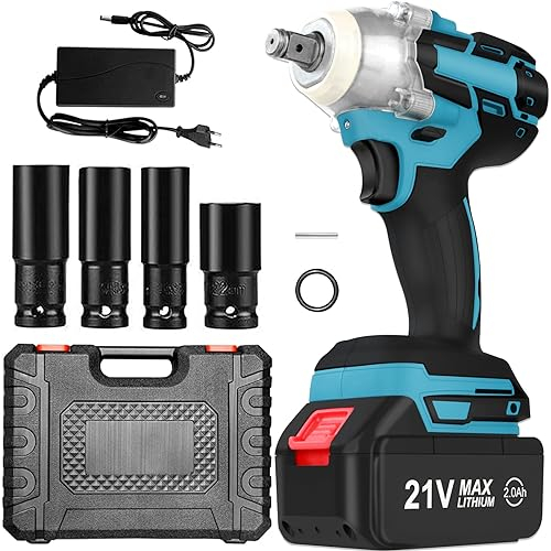 Tosucs Avvitatore ad Impulsi,320Nm a Massa Battente 21V,2.0Ah Batteria,con Caricabatterie,4 x Kit Prese (17mm/19mm/21mm/22mm)