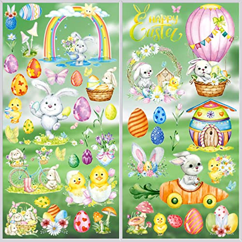 HOOWA Fensterbilder Ostern, 9 Blätter Oster Fensterbilder Selbstklebend Frühling für Oster Dekorationen, Osterdeko Fenster Kinderzimmer Wiederverwendbar mit Hasen Ostereier für Türen Fenstern
