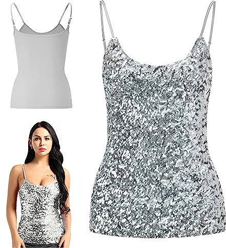 SamHeng Tops à Paillettes pour Femmes,Gilet de Camisole pailleté sans Manches, Bracelets réglables Chemises de Chemisier Quotidiens à Licou Licou pour Le Costume de Performance de la fête de la Nuit