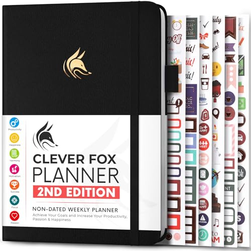 Clever Fox Planner 2nd Edition – Colorful Weekly & Monthly Goal Setting Planner, Habit Trackers, Time Management and Productivity Organizer, Gratitude Journal, Undated, A5, Lasts 1 Year – Black